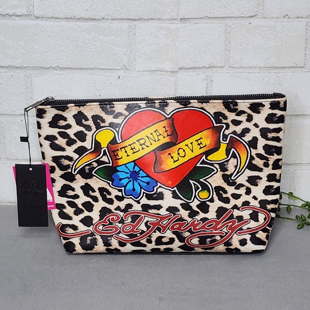 Ed Hardy Cosmetic Case Women Tan Leopard Eternal Love Tattoo Graphic Bag NEW